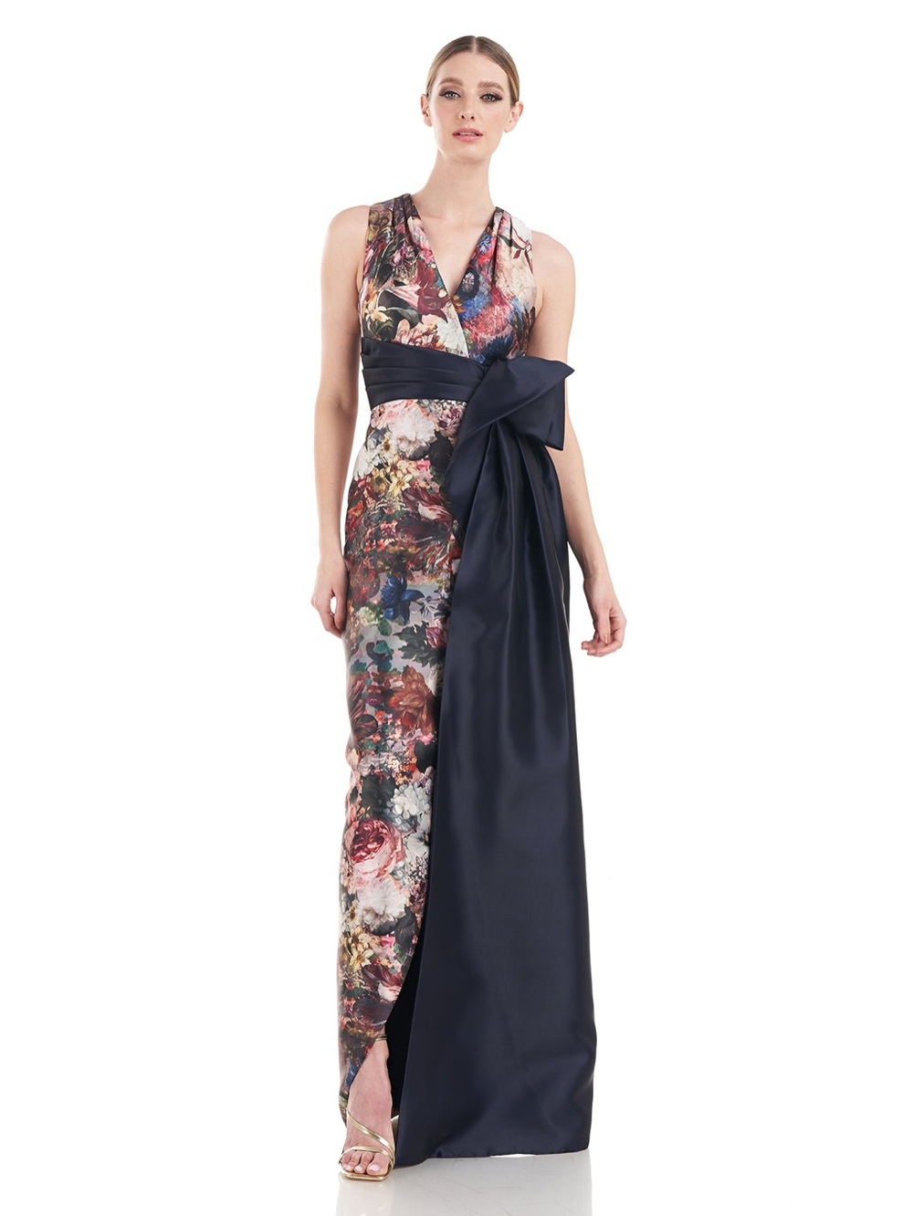 Kay Unger Size 8 Blue Floral Faux Wrap V Neck Maxi Gown Dress